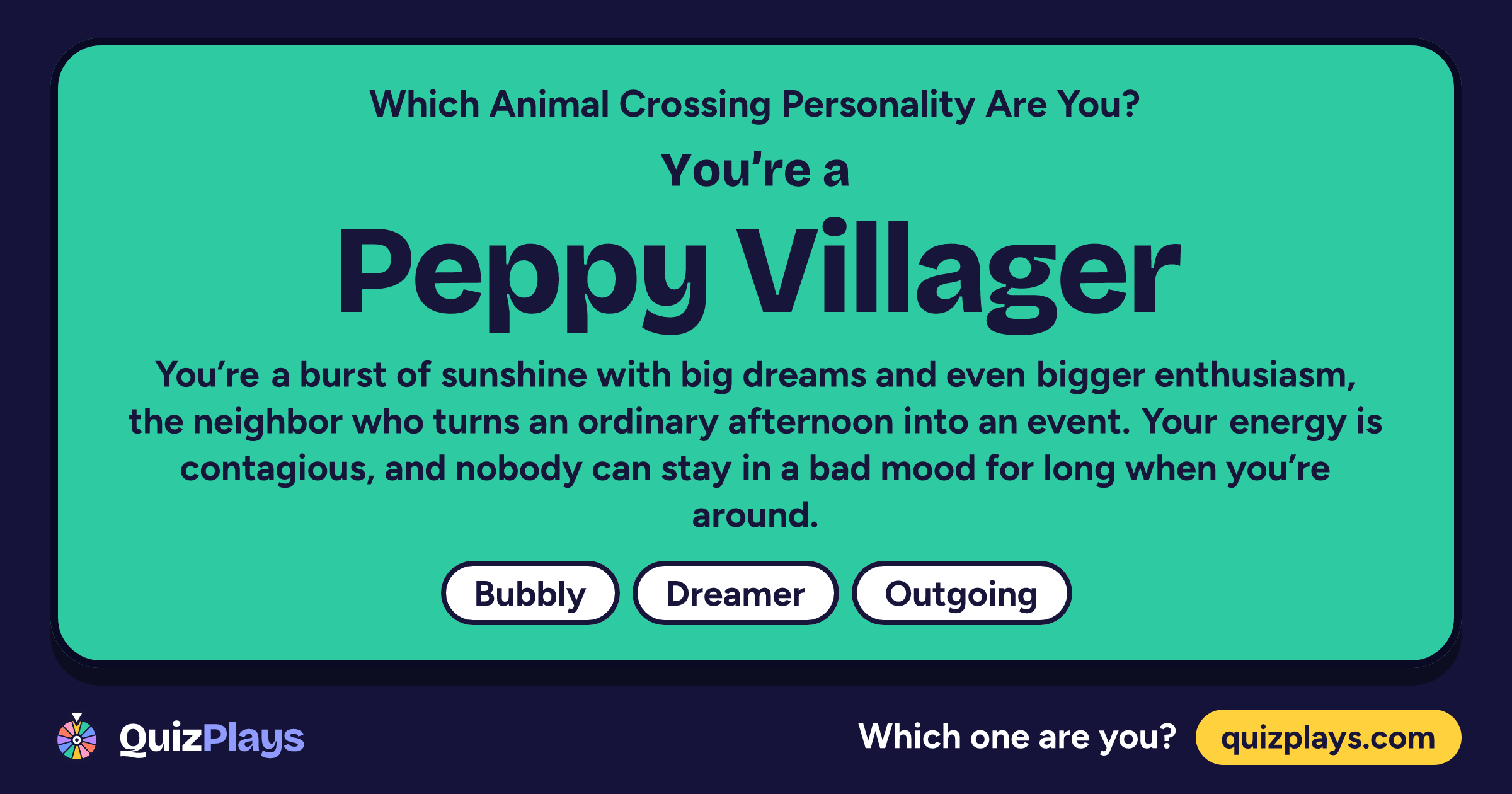 Peppy Villager result card from the Which Animal Crossing Personality Are You? quiz