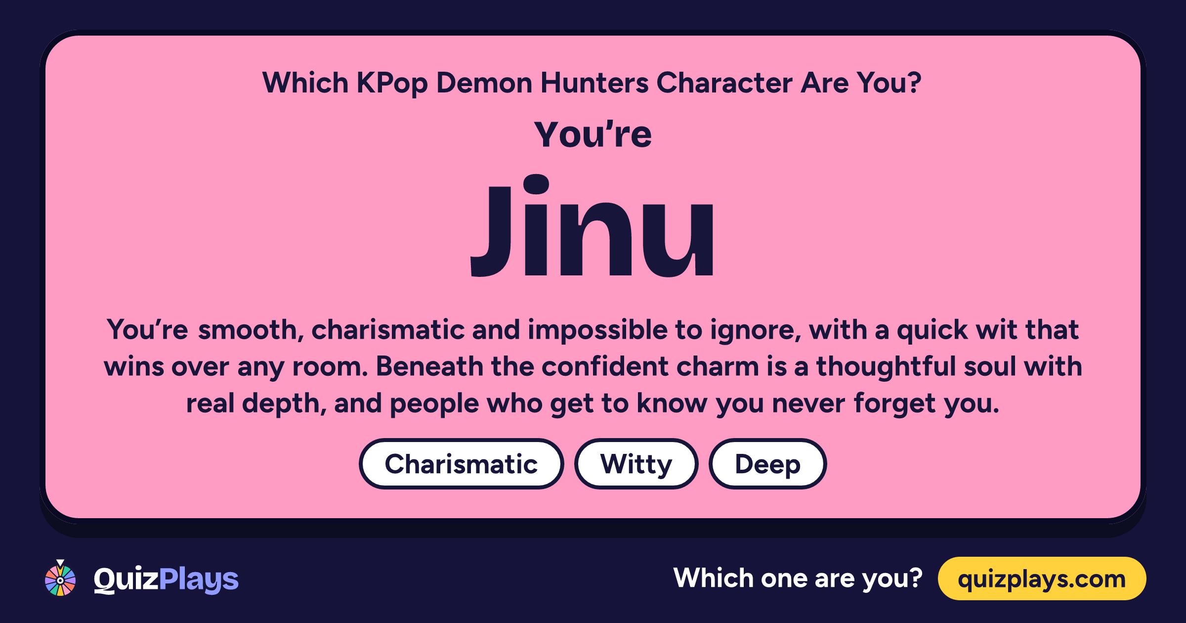 Jinu result card from the Which KPop Demon Hunters Character Are You? quiz