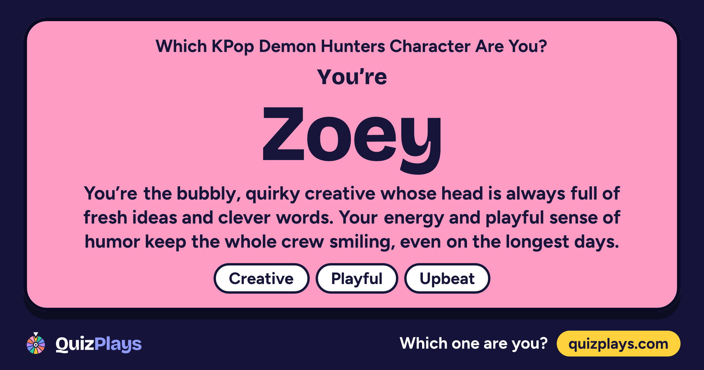 Zoey result card from the Which KPop Demon Hunters Character Are You? quiz