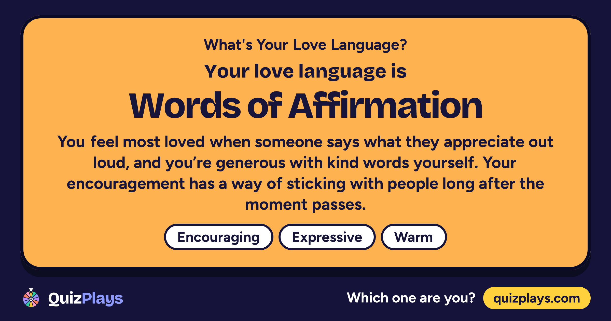 Words of Affirmation result card from the What's Your Love Language? quiz