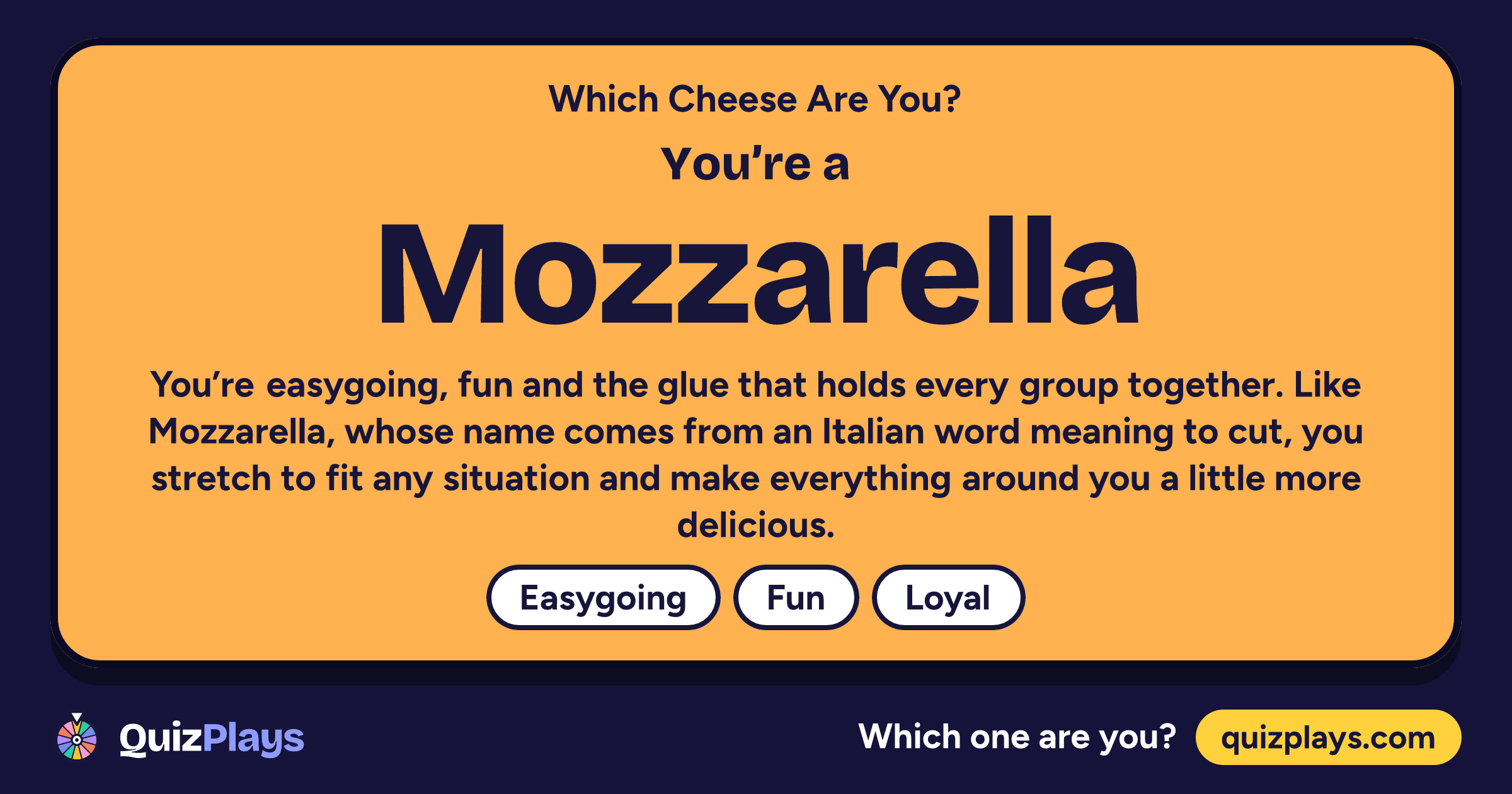 Mozzarella result card from the Which Cheese Are You? quiz