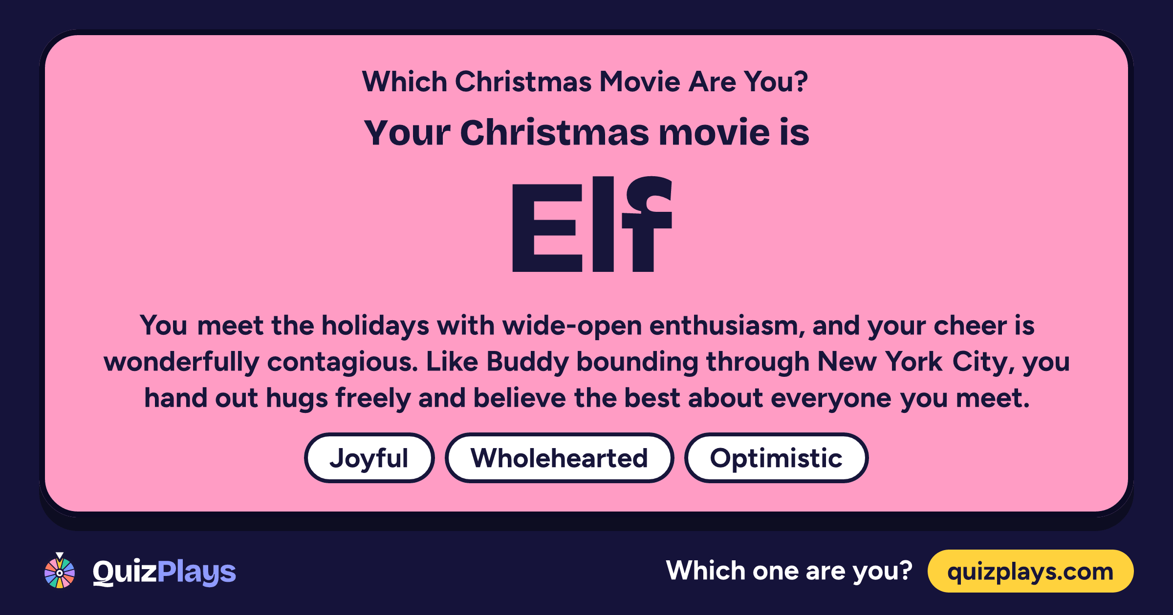 Elf result card from the Which Christmas Movie Are You? quiz