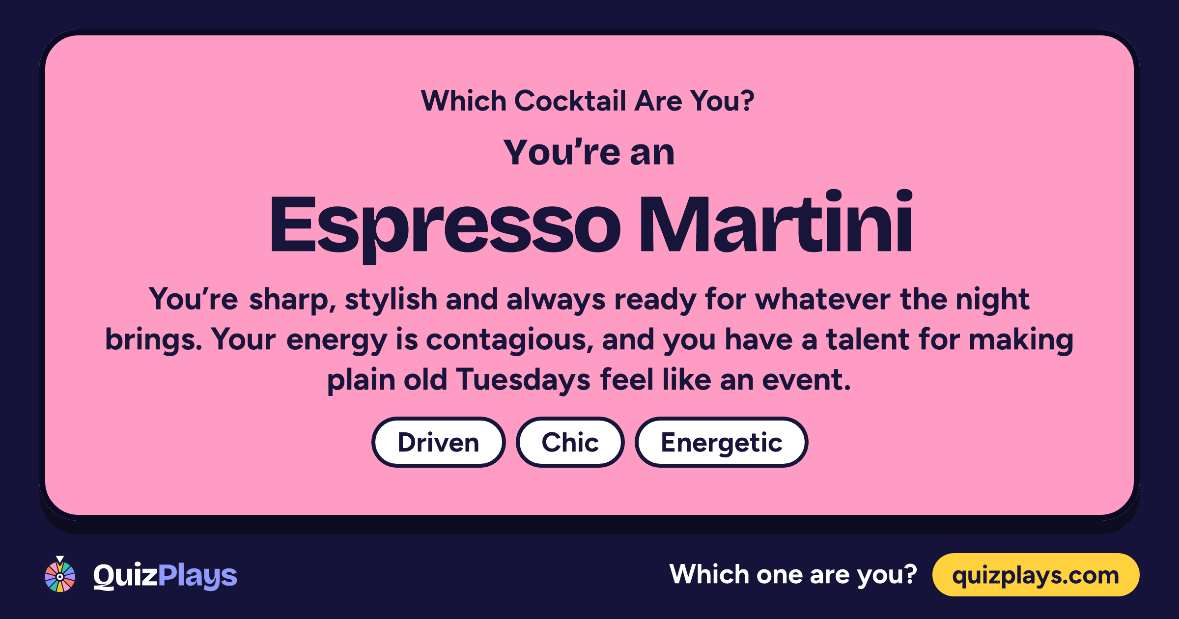 Espresso Martini result card from the Which Cocktail Are You? quiz