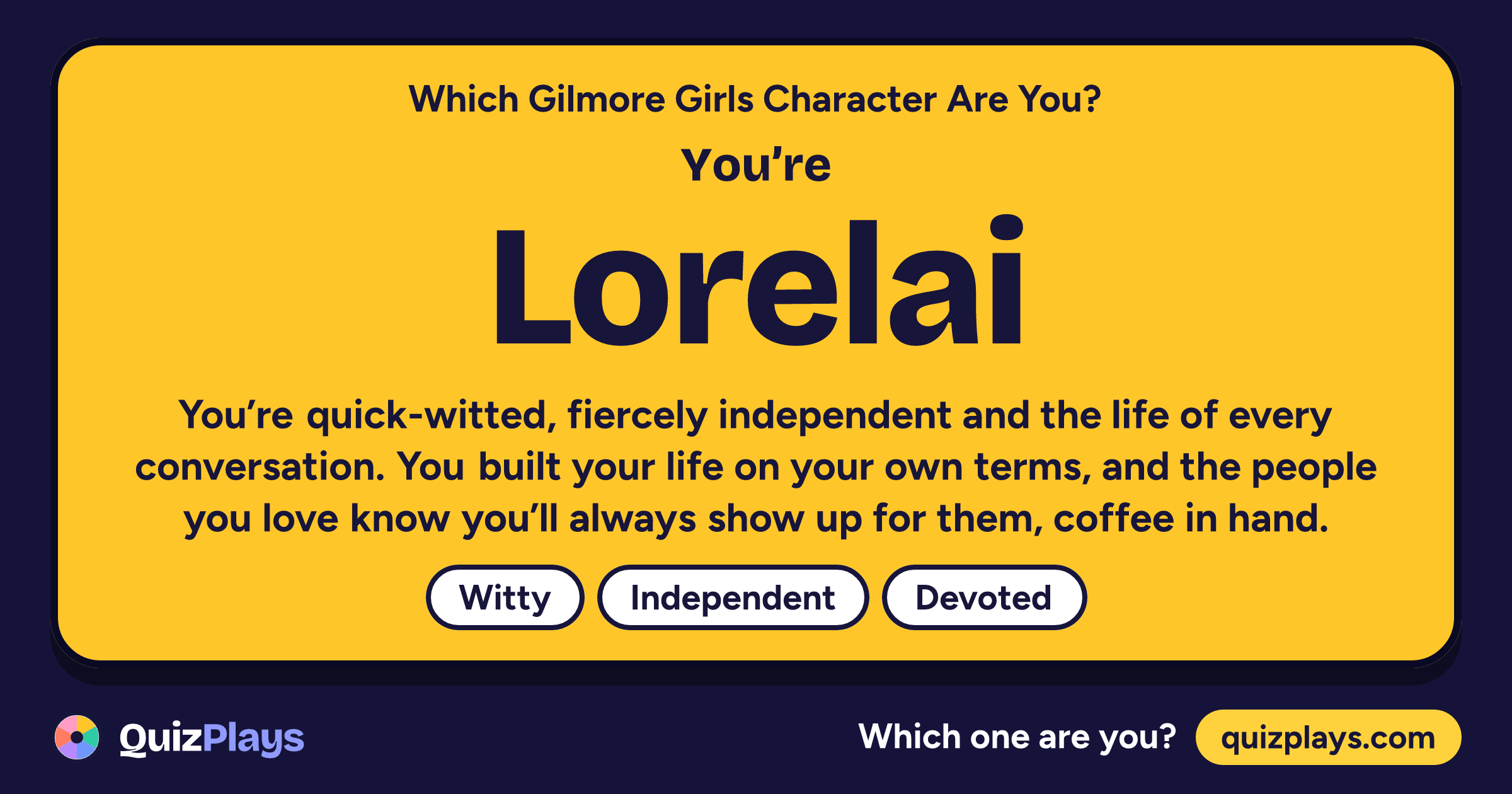 Lorelai result card from the Which Gilmore Girls Character Are You? quiz