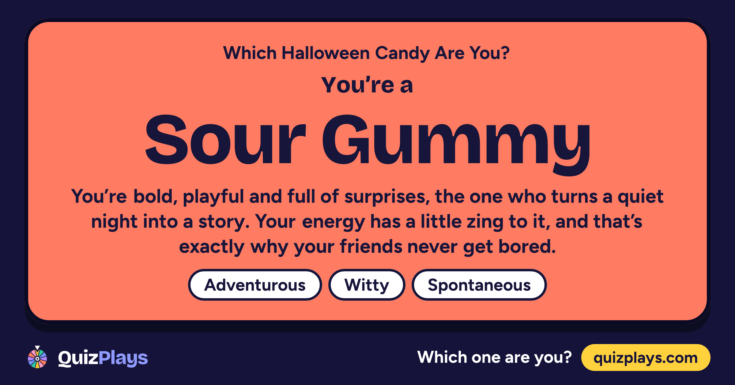 Sour Gummy result card from the Which Halloween Candy Are You? quiz