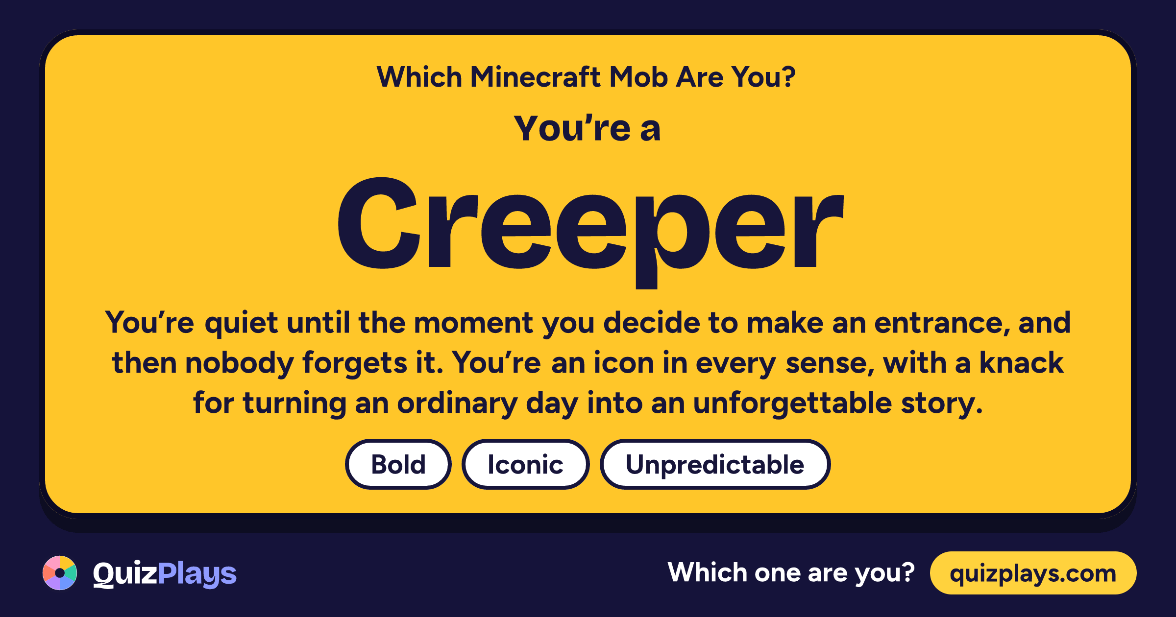 Creeper result card from the Which Minecraft Mob Are You? quiz