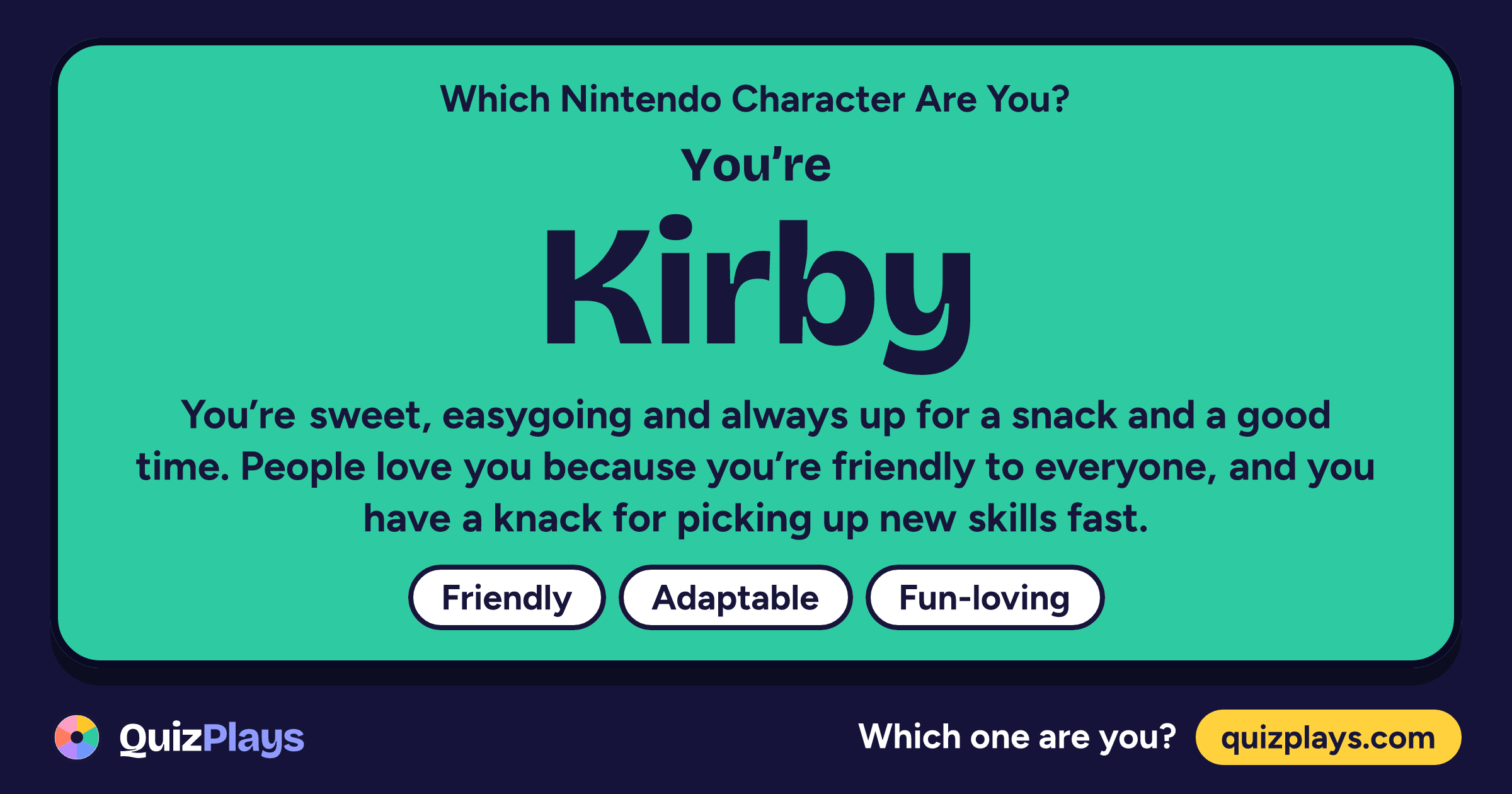 Kirby result card from the Which Nintendo Character Are You? quiz