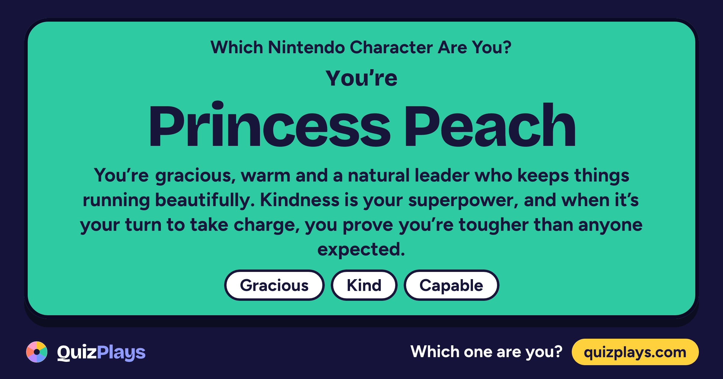 Princess Peach result card from the Which Nintendo Character Are You? quiz