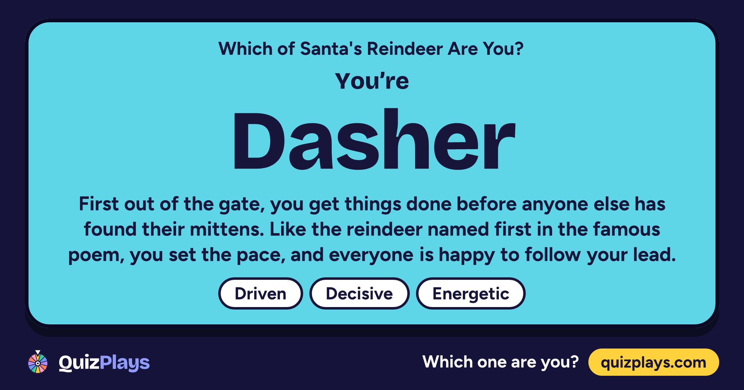 Dasher result card from the Which of Santa's Reindeer Are You? quiz