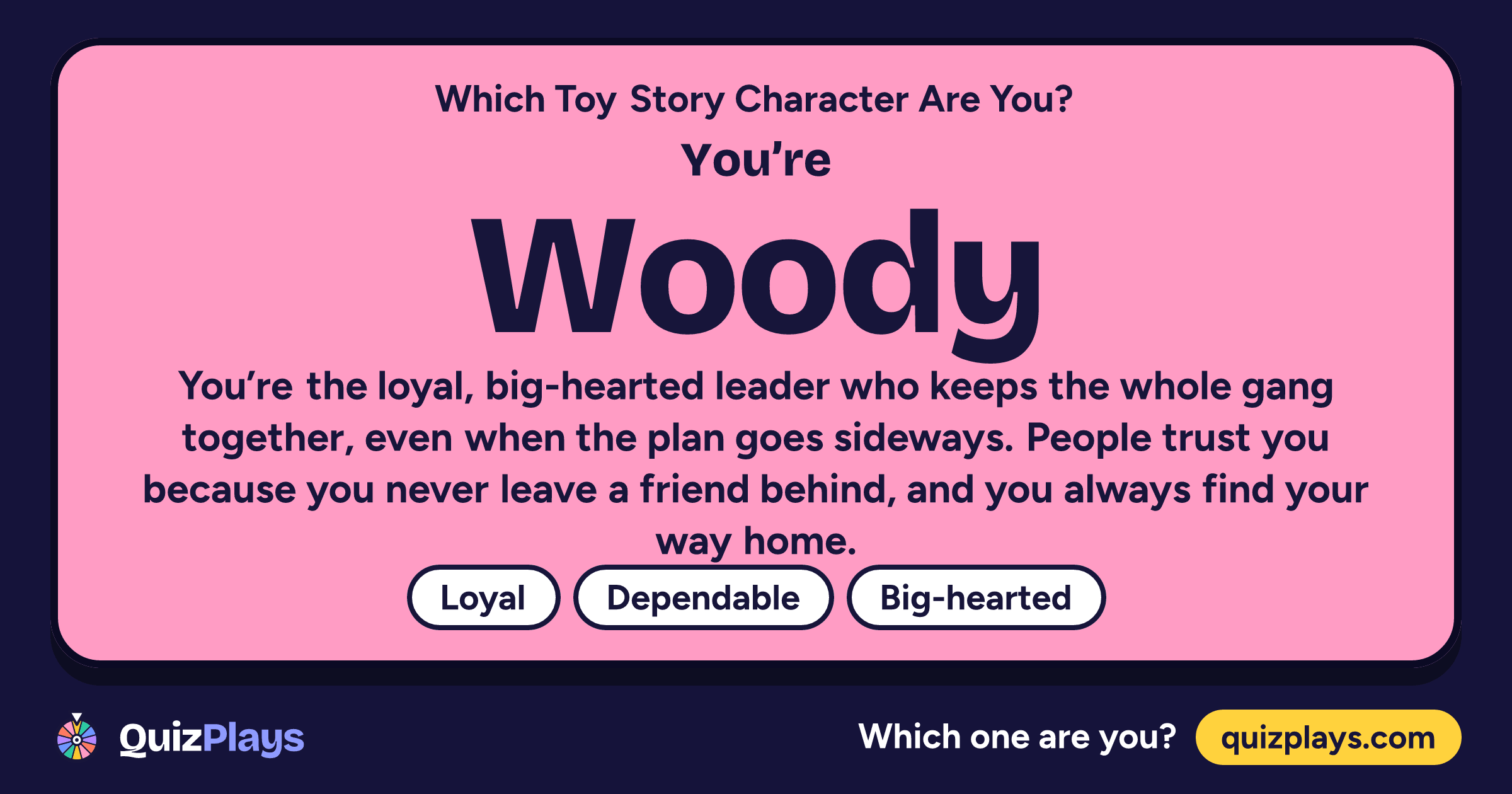 Woody result card from the Which Toy Story Character Are You? quiz