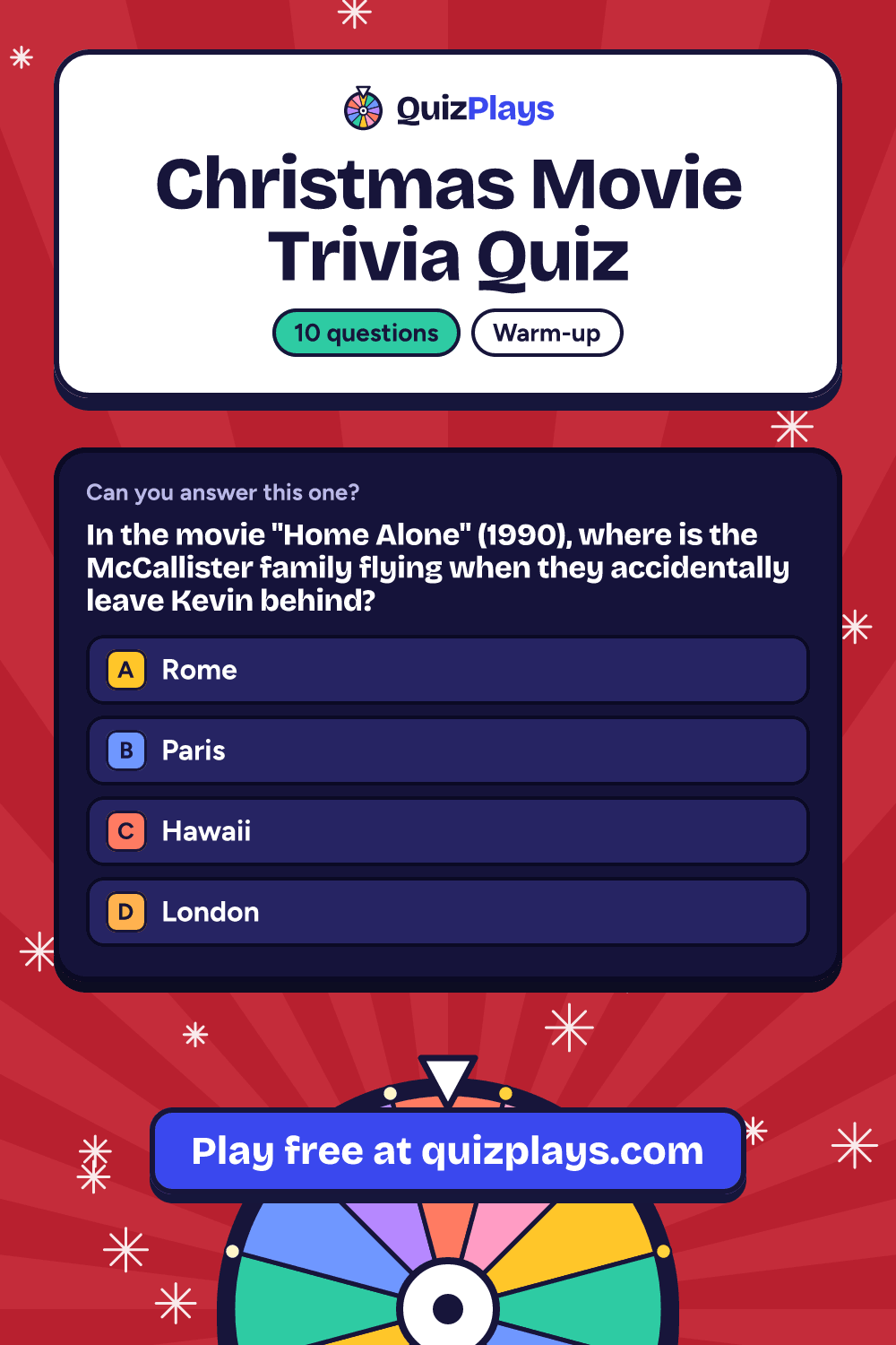 Christmas Movie Trivia Quiz pin with a sample question