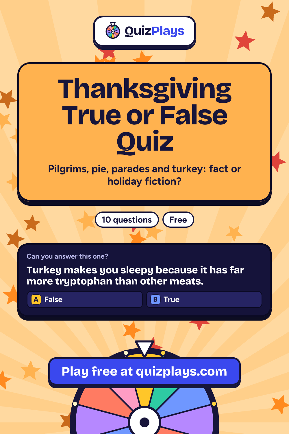 Thanksgiving True or False Quiz pin with a sample question