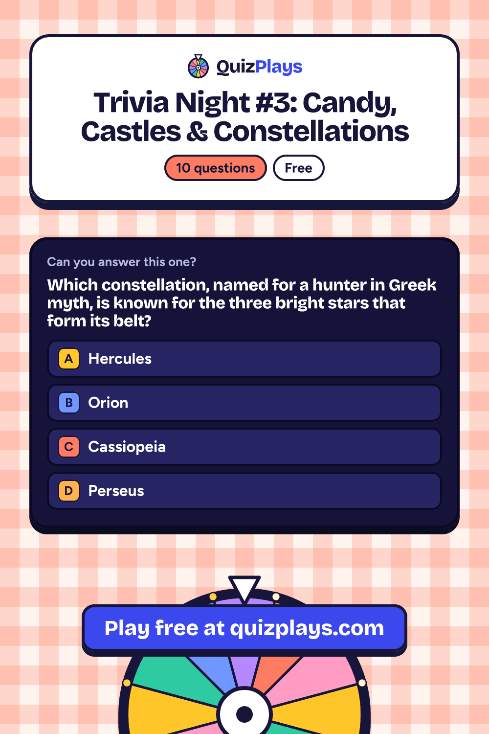 Trivia Night #3: Candy, Castles & Constellations pin with a sample question