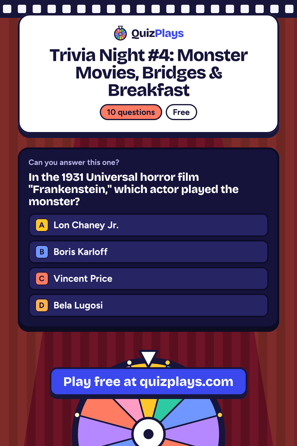 Trivia Night #4: Monster Movies, Bridges & Breakfast pin with a sample question