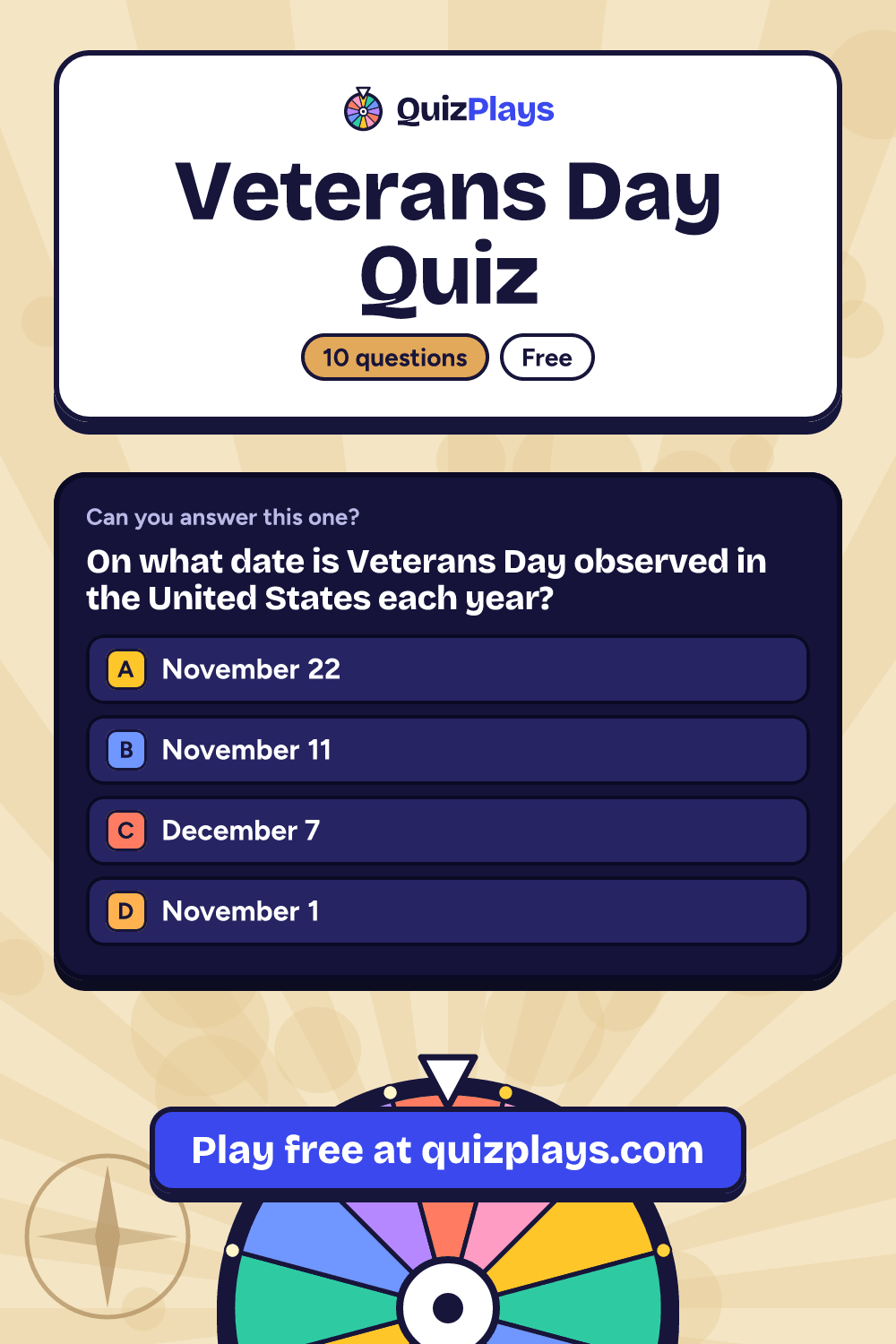 Veterans Day Quiz pin with a sample question