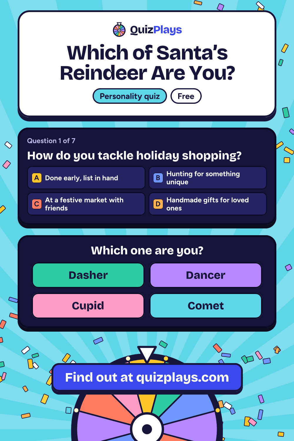 Which of Santa's Reindeer Are You? pin with a sample question