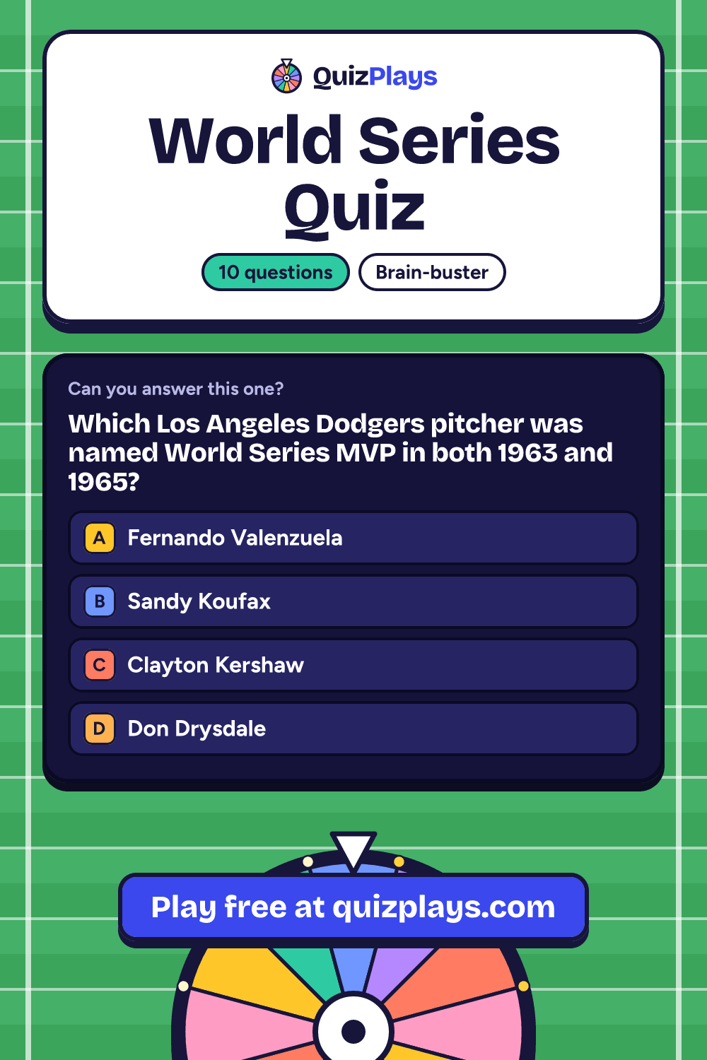 World Series Quiz pin with a sample question